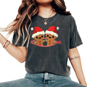 Gingerbread Twins Fun Christmas Pregnancy Announcement Women's Oversized Comfort T-Shirt | Mazezy