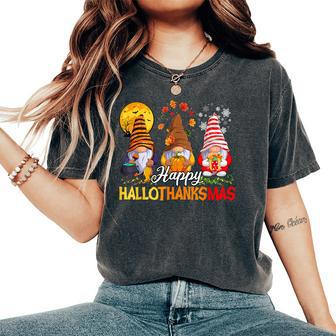 Gnomes Hallothanksmas Halloween Thanksgiving Christmas Party Women's Oversized Comfort T-Shirt - Seseable