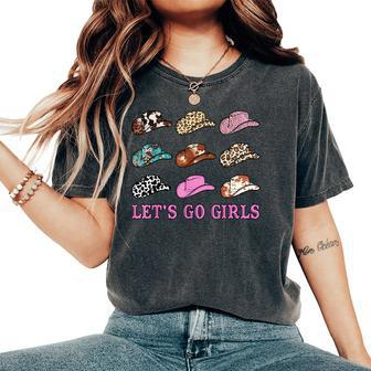 Lets Go Girls Leopard Western Cowgirl Hats Bachelorette Women's Oversized Comfort T-shirt | Mazezy