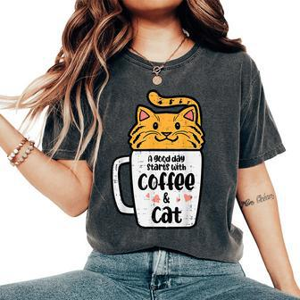 Good Day Starts With Coffee Cat Cute Kitten Girls N Women's Oversized Comfort T-Shirt - Monsterry