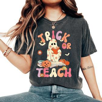 Groovy Halloween Trick Or Teach Retro Floral Ghost Teacher Women's Oversized Comfort T-Shirt - Monsterry UK