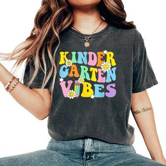Groovy Hello Kindergarten Vibes Retro Teacher Back To School Women's Oversized Graphic Print Comfort T-shirt - Monsterry