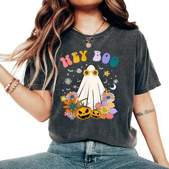 Groovy Hey Boo Cute Ghost Pumpkin Halloween Girls Women's Oversized Comfort T-Shirt - Monsterry DE