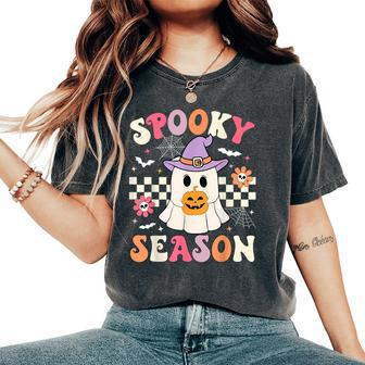 Groovy Spooky Season Retro Ghost Holding Pumpkin Halloween Women's Oversized Comfort T-Shirt - Seseable