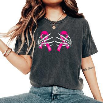 Halloween Boob Skeleton Hand On Breast Cancer Ribbon Women's Oversized Comfort T-Shirt | Mazezy