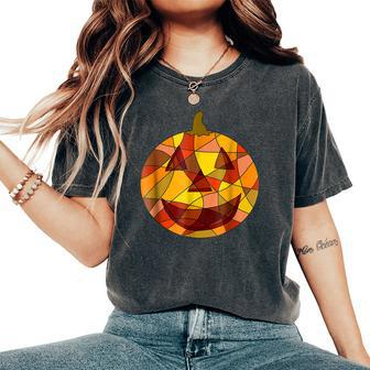 Halloween Costume Patchwork Pumpkin Stained Glass Halloween Costume Women's Oversized Comfort T-Shirt | Mazezy