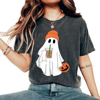 Halloween Ghost Drinking Coffee Ghost Ice Coffee Women's Oversized Comfort T-Shirt - Monsterry AU