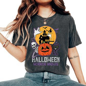 Halloween Horror Nights Retro Movie Poster Spooky Skeleton Halloween Horror Nights Women's Oversized Comfort T-Shirt | Mazezy