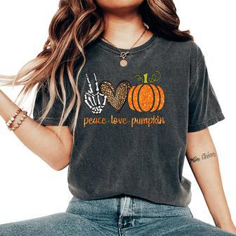 Halloween Skeleton Peace Love Pumpkin Leopard Heart Costume Women Oversized Print Comfort T-shirt | Mazezy