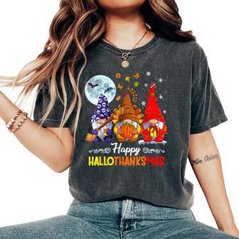 Halloween Thanksgiving Christmas Happy Hallothanksmas Gnomes Women's Oversized Comfort T-Shirt - Seseable