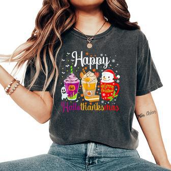 Happy Hallothanksmas Drinks Halloween Thanksgiving Christmas Women's Oversized Comfort T-Shirt - Seseable