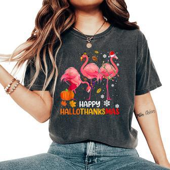 Happy Hallothanksmas Flamingo Halloween Thanksgiving Women's Oversized Comfort T-Shirt - Monsterry