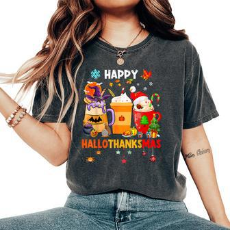 Happy Hallothanksmas Halloween Coffee Latte Thanksgiving Women's Oversized Comfort T-Shirt - Monsterry CA