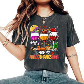Happy Hallothanksmas Wine Glasses Witch Santa Hat Pumpkin Women's Oversized Comfort T-Shirt - Seseable