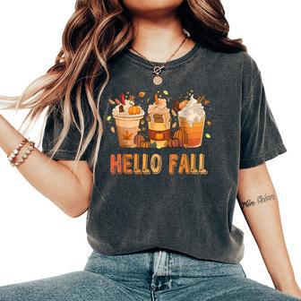 Hello Fall Latte Coffe Pumpkin Fall Y'all Leopard Peace Love Women's Oversized Comfort T-Shirt - Seseable
