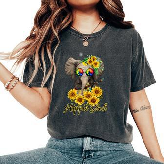 Hippe Soul Elphant Playing Guitar Hippie Elephant Sunflower Women's Oversized Comfort T-shirt | Mazezy