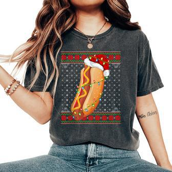 Hot Dog Christmas Lights Ugly Sweater Santa Hot Dog Xmas Women's Oversized Comfort T-Shirt - Seseable