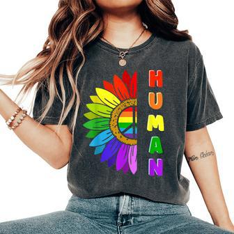 Human Sunflower Rainbow Lgbt Flag Gay Pride Proud Lgbtq Women's Oversized Comfort T-shirt | Mazezy