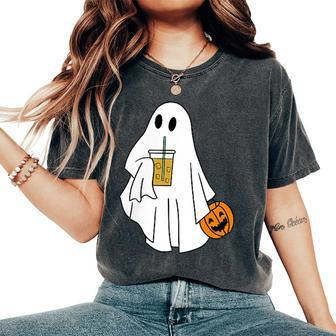 Iced Coffee Halloween Cute Little Ghost Pumpkin Costume Women's Oversized Comfort T-Shirt - Monsterry UK