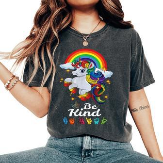 Be Kind Love Asl Teacher American Sign Language Girl Unicorn Women's Oversized Comfort T-shirt | Mazezy
