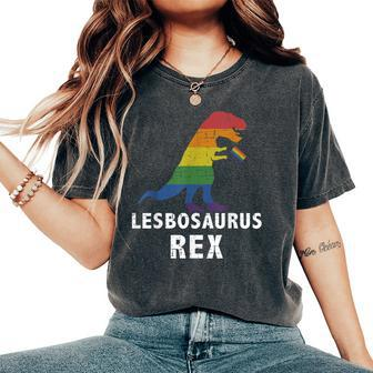Lesbosaurus Rex Dinosaur In Rainbow Flag For Lesbian Pride Women's Oversized Comfort T-Shirt | Mazezy AU