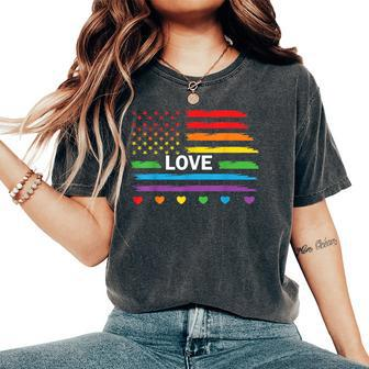 Lgbtq Pride 4Th Of July American Rainbow Flag Love Women's Oversized Graphic Print Comfort T-shirt - Monsterry