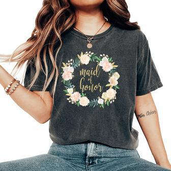 Maid Of Honor Blush Floral Wreath Wedding Women's Oversized Comfort T-shirt | Mazezy