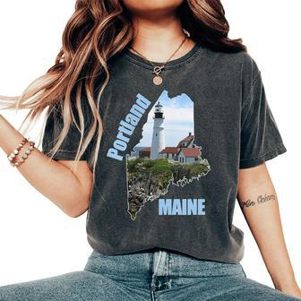 Maine Portland Lighthouse Summer Shoreline Souvenir Women's Oversized Comfort T-Shirt | Mazezy