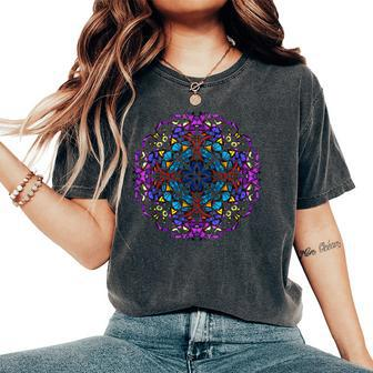 Mandala Stained Glass Graphic With Bright Rainbow Of Colors Women's Oversized Comfort T-Shirt | Mazezy