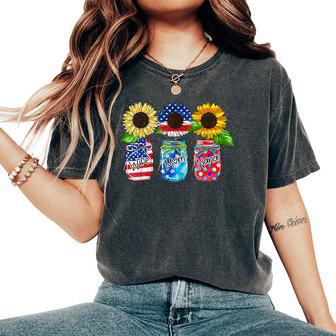 Mason Jar Sunflower Wife Mom Nana Usa Flag 4Th Of July Women's Oversized Comfort T-shirt | Mazezy