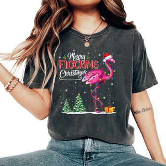 Merry Flocking Christmas Flamingo Pink In Santa Hat Xmas Gif Women's Oversized Comfort T-Shirt - Monsterry