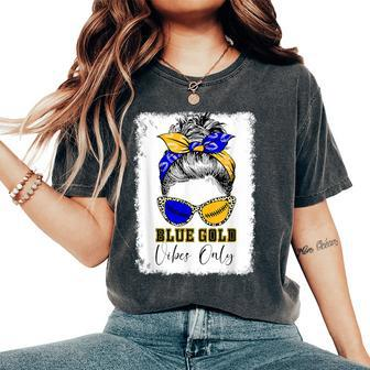 Messy Bun Blue And Gold Vibes Only School Football Game Day Women's Oversized Comfort T-Shirt - Monsterry