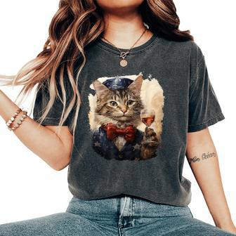 Minuet Cat 4Th July Stars Stripes Bowtie Wine Women's Oversized Comfort T-Shirt | Mazezy