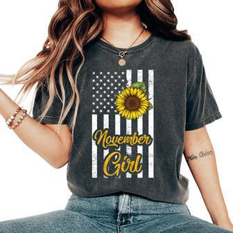 November Girl Vintage Usa Flag Sunflower For Girls Women's Oversized Comfort T-shirt | Mazezy