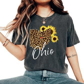Ohio Sunflower Leopard State Map Women's Oversized Comfort T-shirt | Mazezy