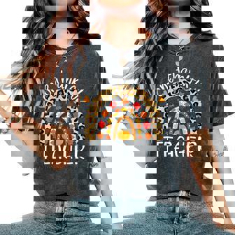 One Thankful Teacher Thanksgiving Rainbow Leopard Fall Women's Oversized Comfort T-Shirt - Seseable