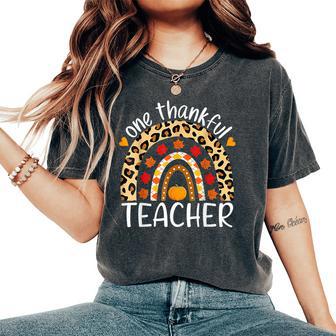 One Thankful Teacher Thanksgiving Rainbow Leopard Fall Women's Oversized Comfort T-Shirt - Seseable