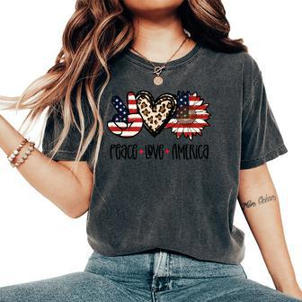 Peace Love America Leopard Sunflower Usa Flag 4Th Of July Women's Oversized Comfort T-shirt | Mazezy