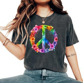 Peace Love Hippie Sign Love Flower World Peace Day Women's Oversized Comfort T-Shirt | Mazezy
