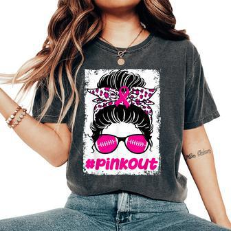 Pink Out Ou Breast Cancer Football Messy Bun Cheer Bleached Women's Oversized Comfort T-Shirt - Seseable