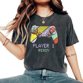 Player 1 Ready Future Dad & Mom Baby Announcement Cute Women's Oversized Comfort T-Shirt | Mazezy AU