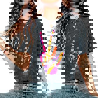 Pocket Skeleton Hand Peace Sign Scary Cool Halloween Hippie Halloween Women's Oversized Comfort T-Shirt | Mazezy