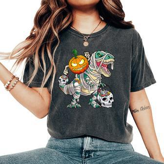 Pumpkin Riding Mummy Dinosaur T Rex Halloween Skeleton Women's Oversized Comfort T-Shirt | Mazezy