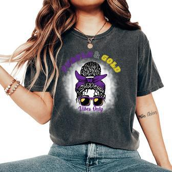 Purple & Gold Vibes Only Bleached Messy Bun High School Women's Oversized Comfort T-Shirt - Monsterry