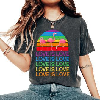 Rainbow Love Is Love Saying Flamingo Pride Gay Lesbian Women's Oversized Comfort T-shirt | Mazezy