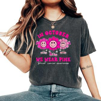 Retro Groovy In October We Wear Pink Breast Cancer Awareness Women's Oversized Comfort T-Shirt | Mazezy