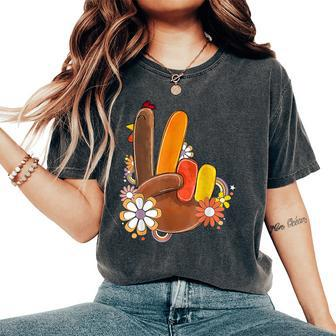 Retro Groovy Peace Turkey Grateful Hand Sign Thanksgiving Women's Oversized Comfort T-Shirt - Monsterry