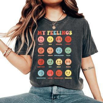 Retro Groovy Rainbow Feelings Chart Hippie Smile Face Trendy Women's Oversized Comfort T-Shirt - Monsterry