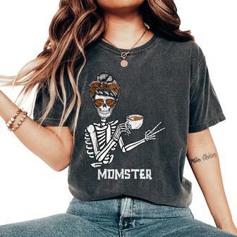 Retro Messy Bun Skeleton Drinking Coffee Momster Mama Mom Women's Oversized Comfort T-Shirt - Seseable