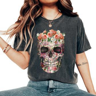 Rose Floral Sugar Skull Day Of The Dead Halloween Women's Oversized Comfort T-shirt | Mazezy